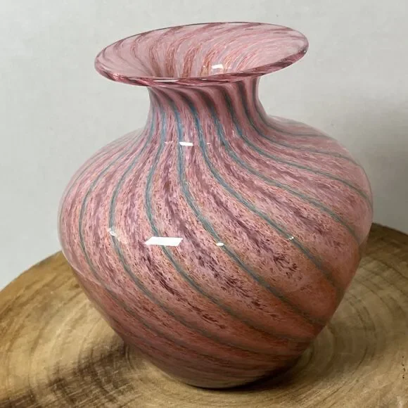 Vintage 1987 Union Street Studio Art Glass Vase Pink Blue Swirl 7” Signed